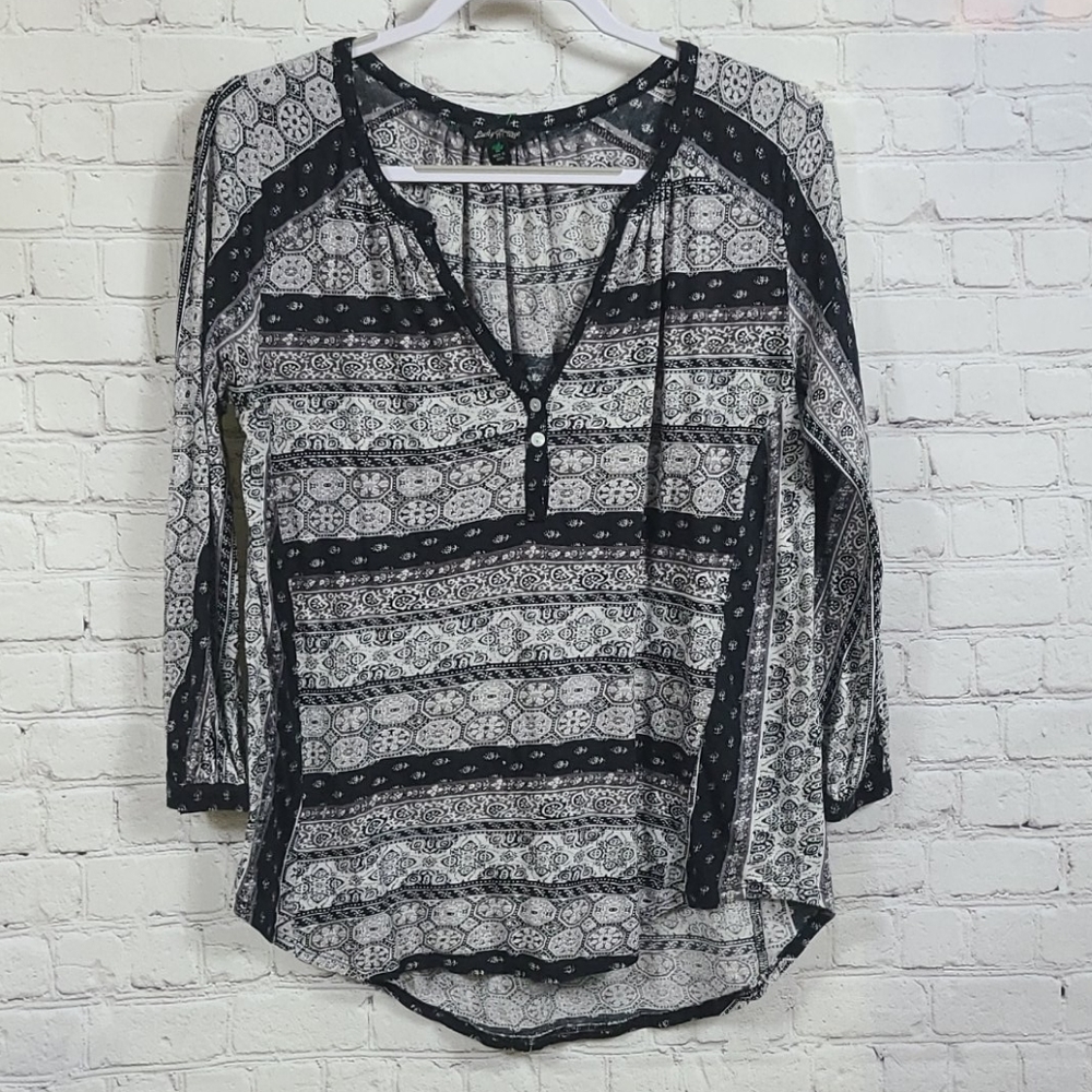 Lucky Brand Linen Paisley Popover Black White Tribal Stripe Henley Top  Blouse